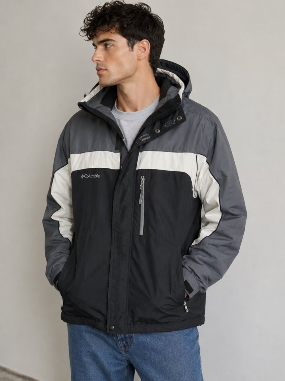 Columbia Interchange Shell Jacket Men’s L Gray Black Hooded Outdoor Windbreaker